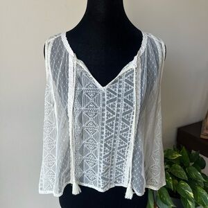 American Eagle Outfitters Off White Sheer V-Neck Tank with Tassel Ties